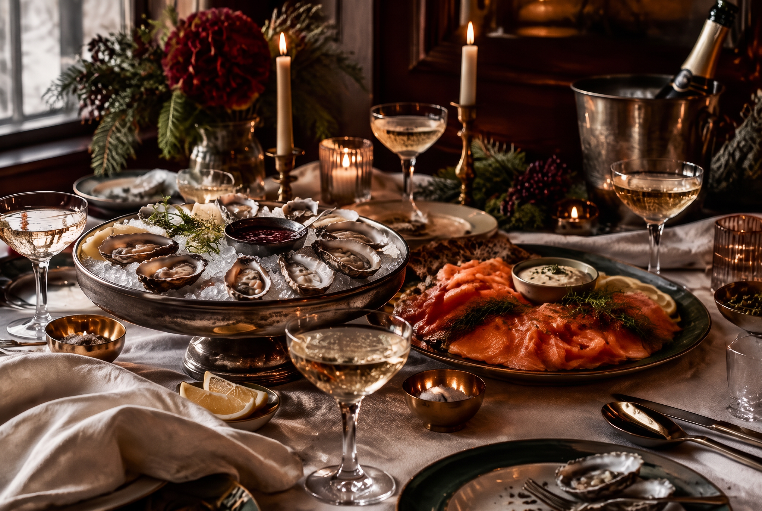 Table de fêtes : huîtres, saumon fumé et champagne à la lueur des bougies